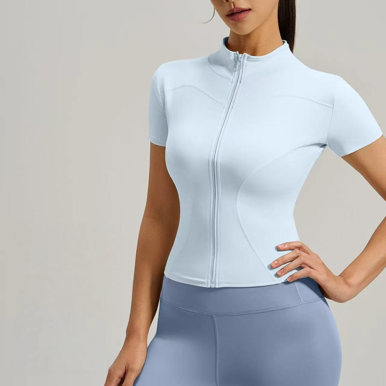 T588-1087 Yoga jacket, tight fitting running sports top, short sleeved
