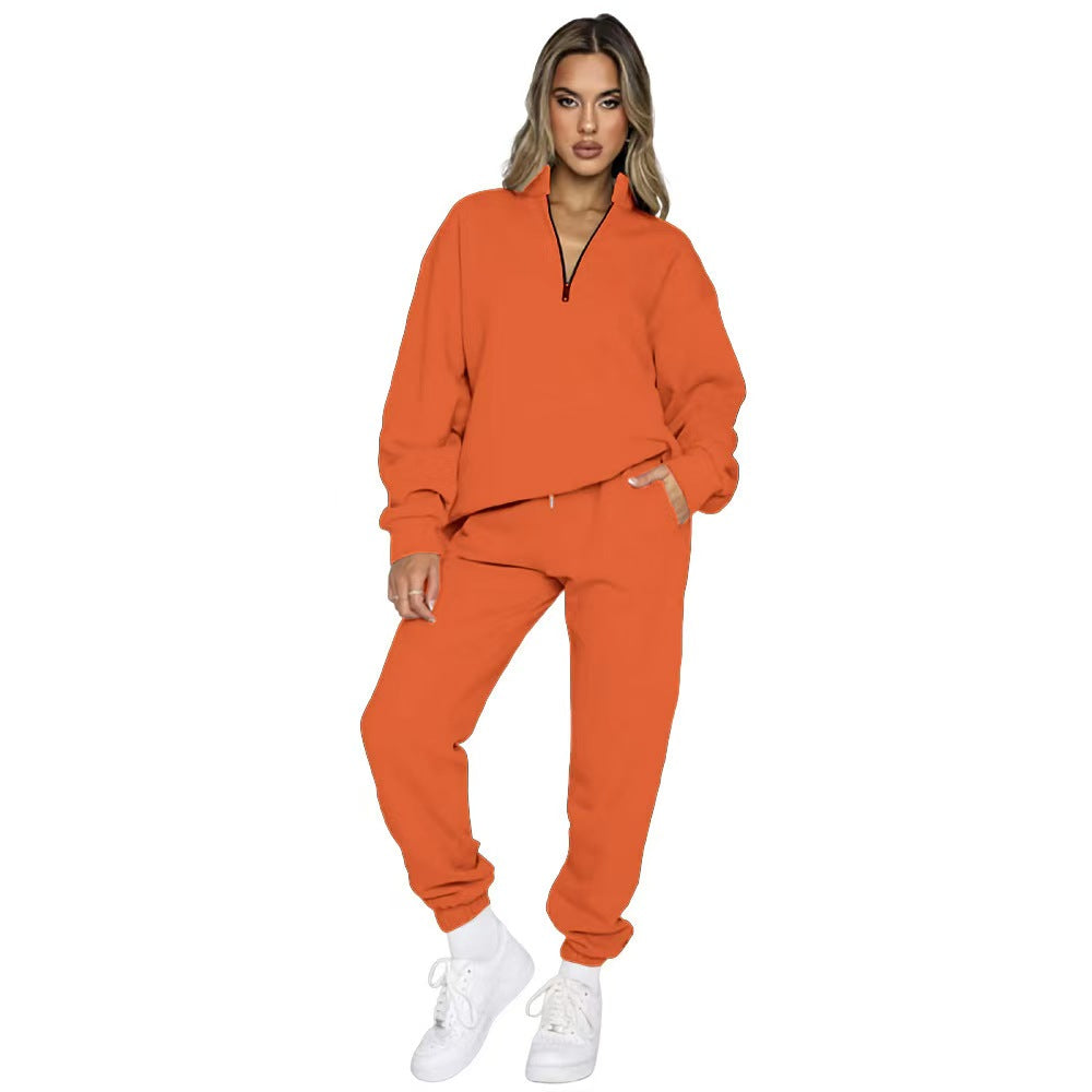 T588-812  Stand up collar pullover solid color hoodie set long sleeved