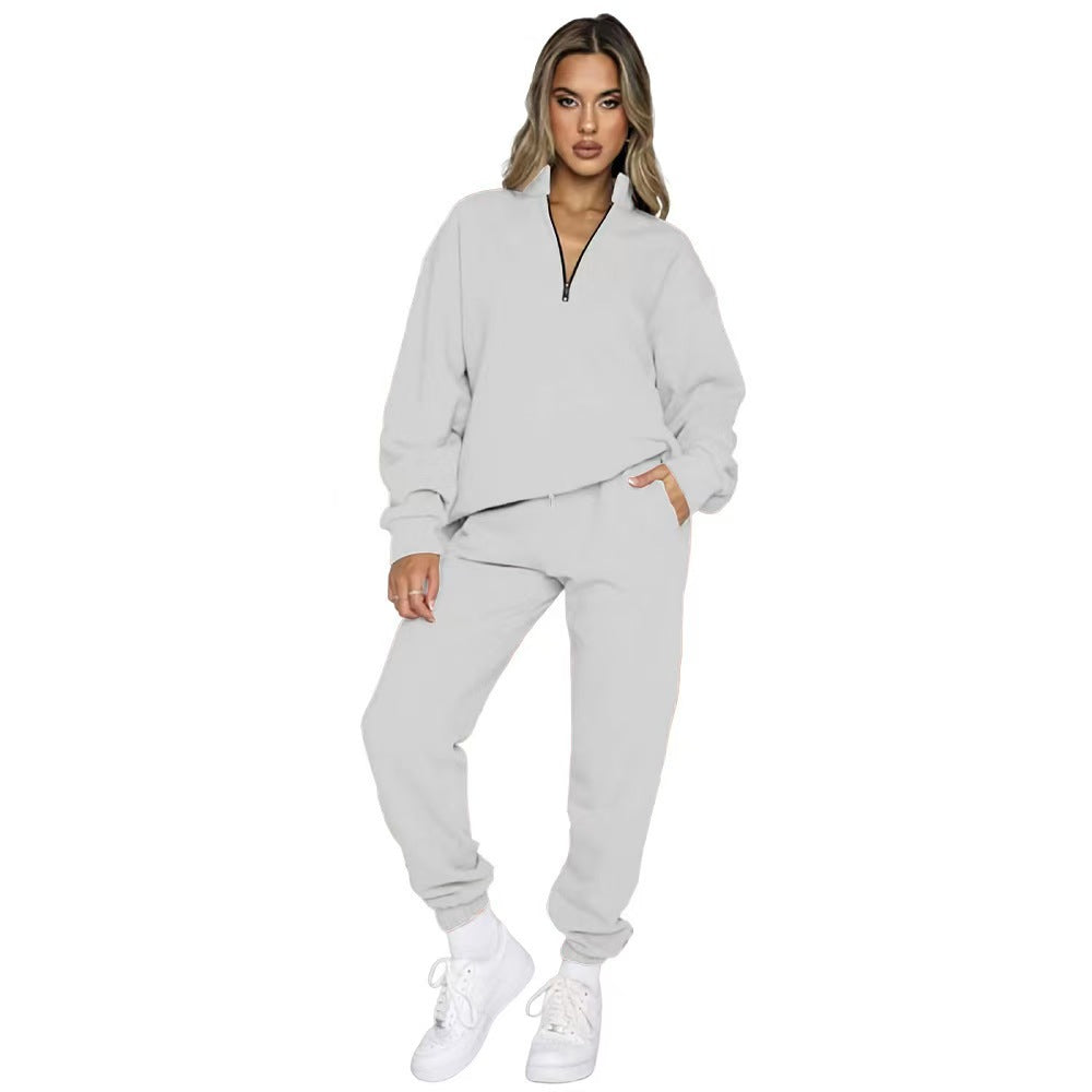 T588-812  Stand up collar pullover solid color hoodie set long sleeved