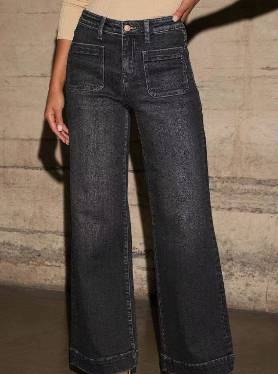 T588-1141  High waisted straight leg wide leg loose denim pants
