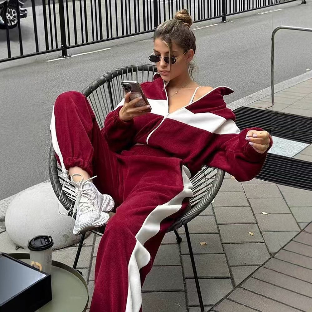 T588-748 -Casual waist cinched cardigan sweatshirt patchwork set