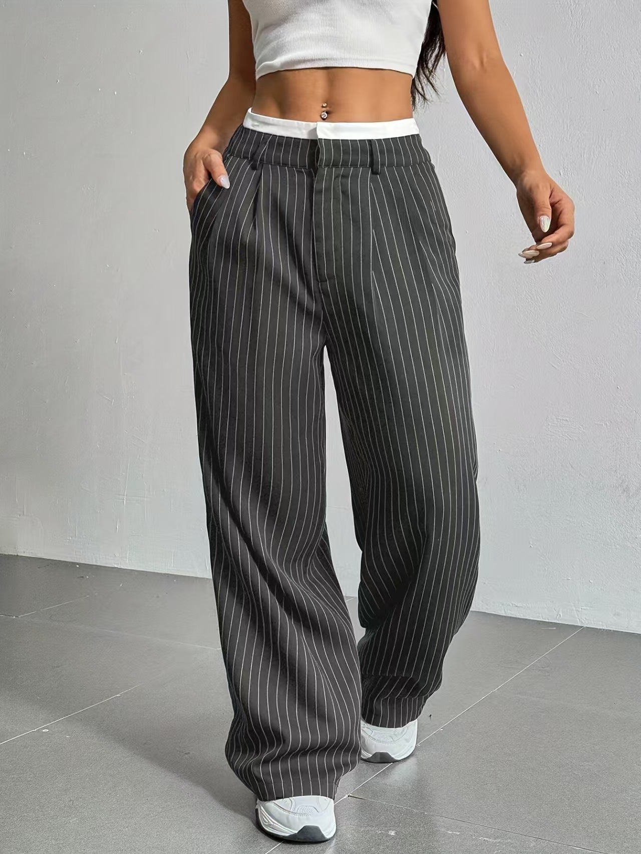 High waisted drape striped suit pants versatile  E1292