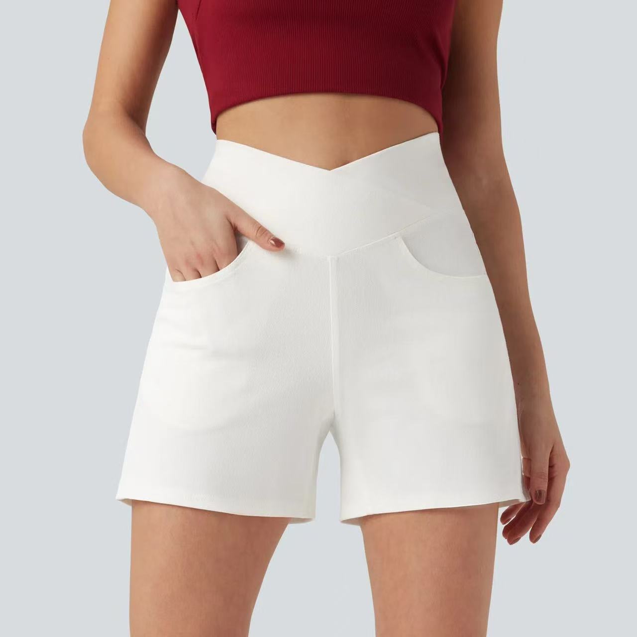 T588-1093 Cross high waisted denim shorts, casual cycling pants