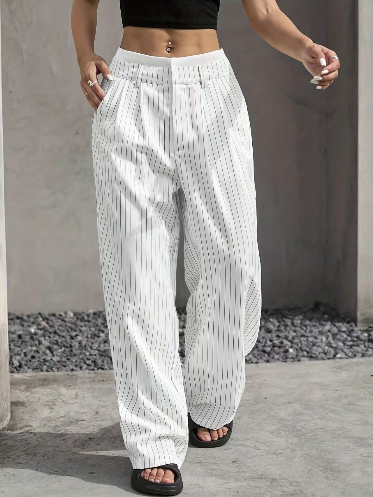 High waisted drape striped suit pants versatile  E1292