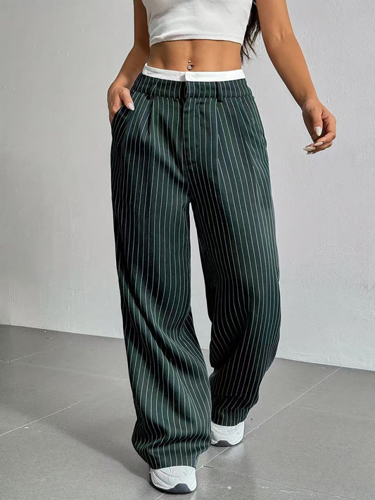 High waisted drape striped suit pants versatile  E1292