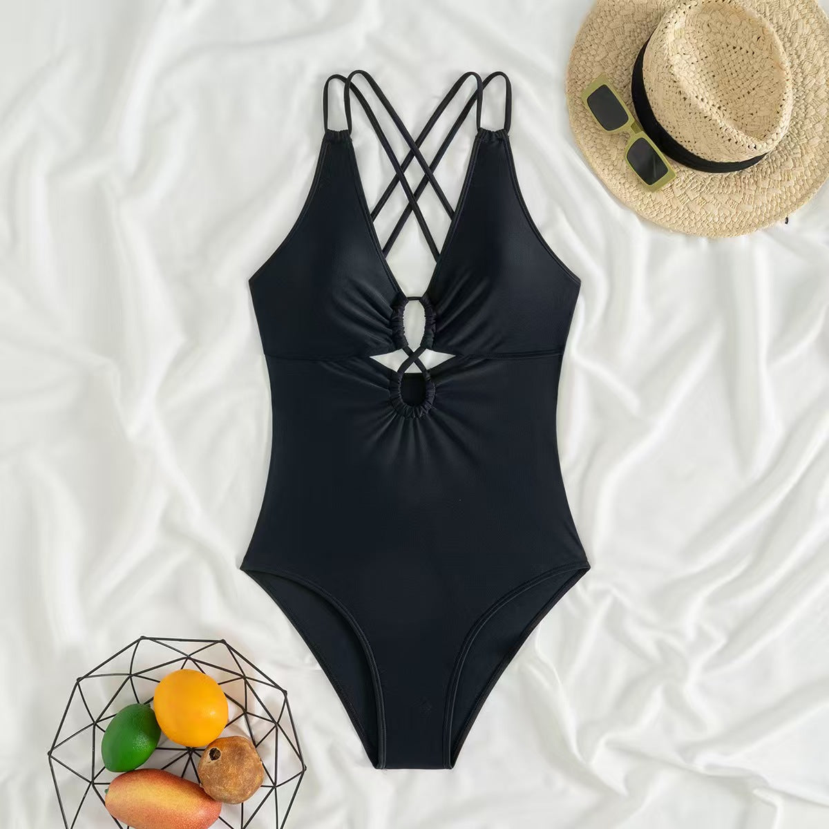 T588-1148  Hollow out backless cross shoulder one-piece swimsuit