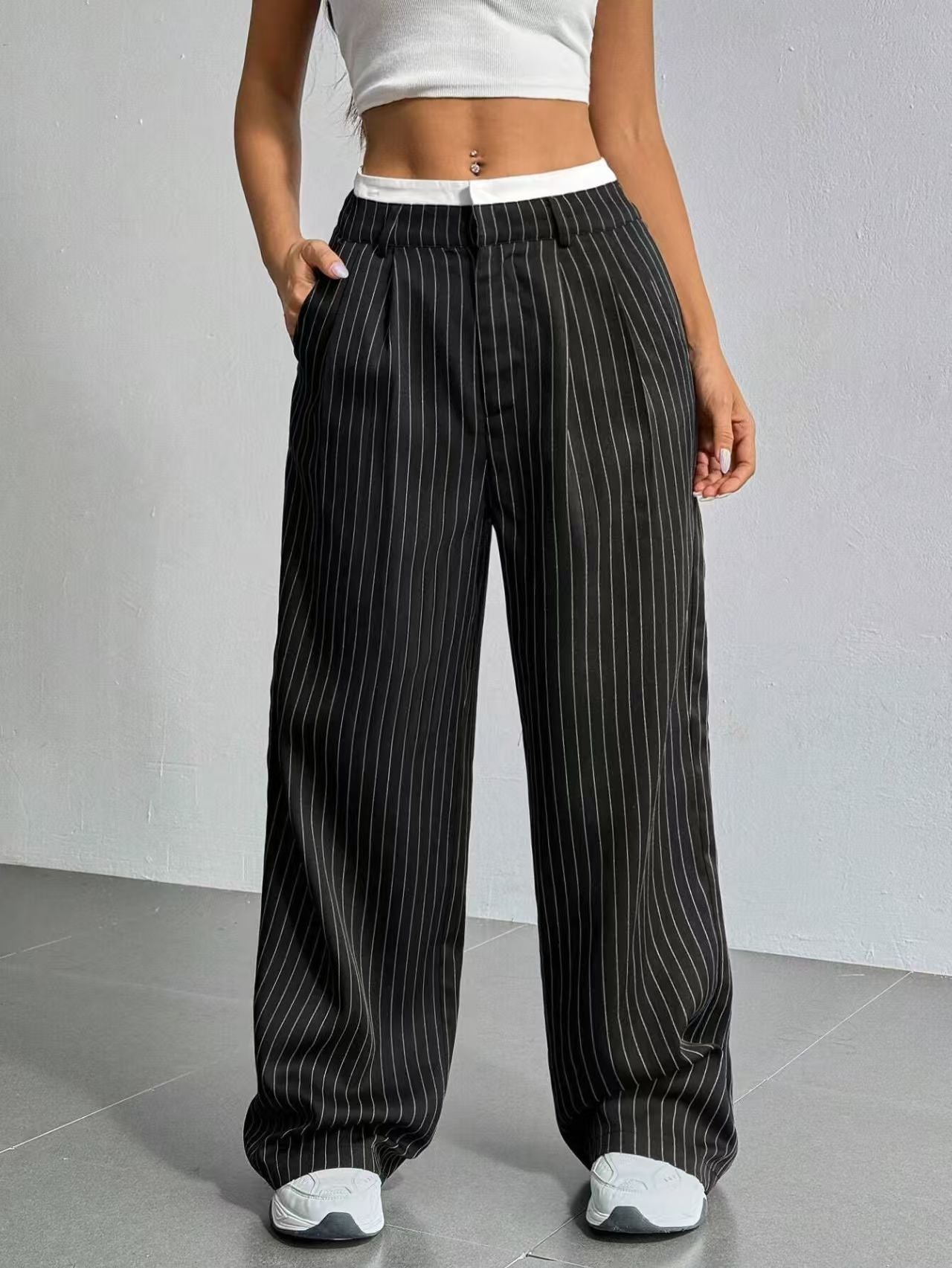 High waisted drape striped suit pants versatile  E1292